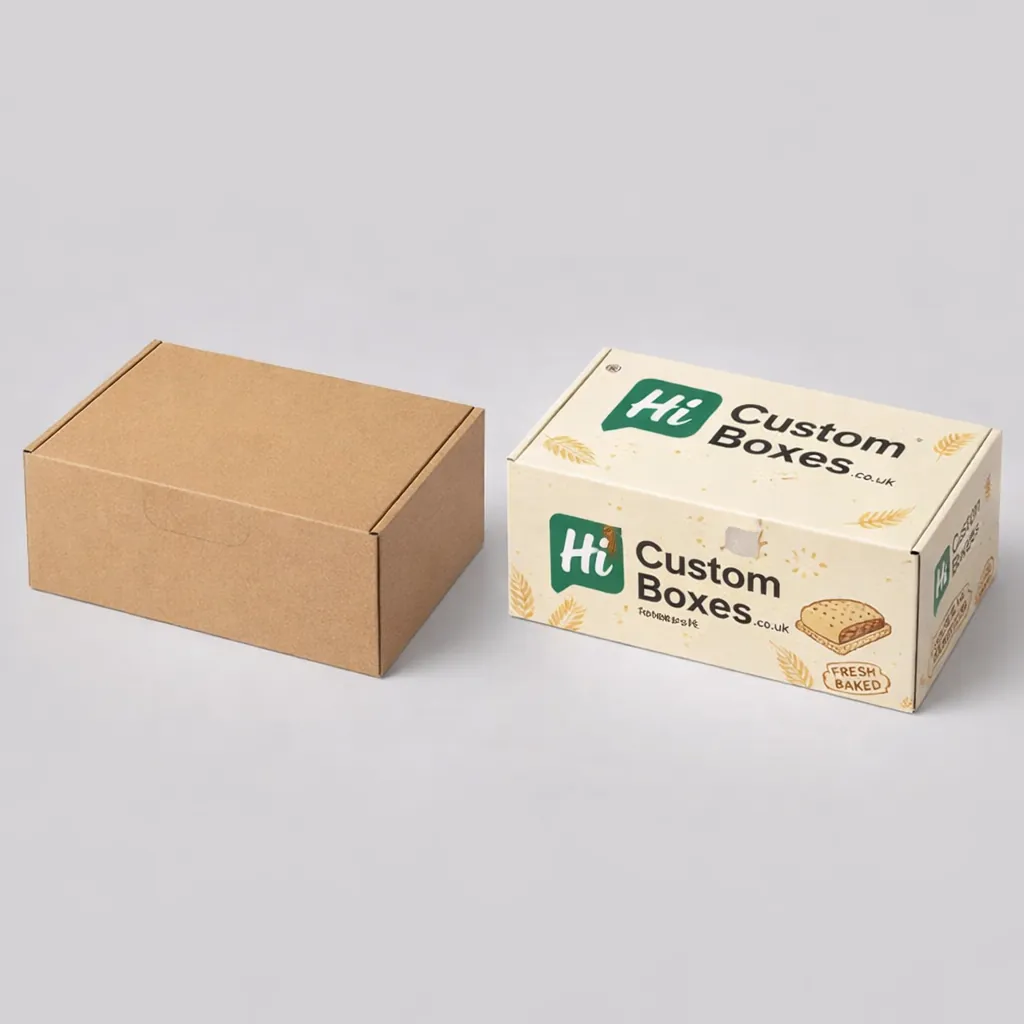 Plain brown cardboard shipping box next to a branded white and yellow loaf cake carton. class=